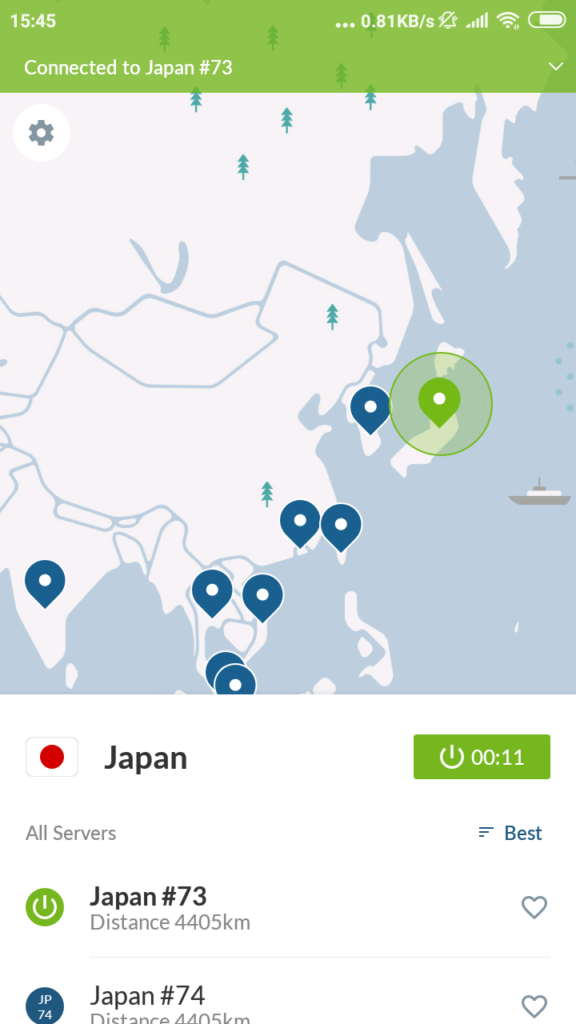 NordVPN for Android. Japan is selected as VPN server.