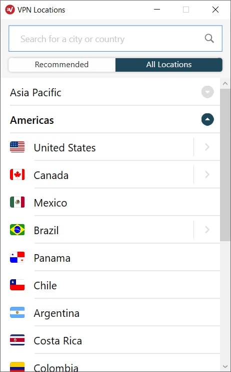 Desktop App for Windows. List of countries.