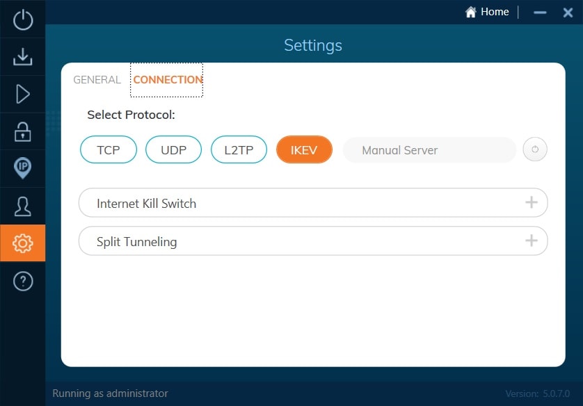 IvacyVPN User Interface, Connection Settings