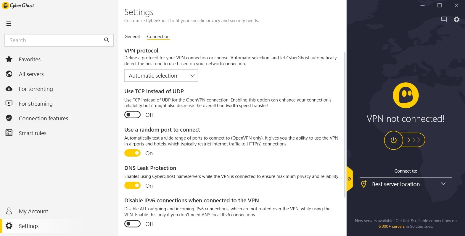 CyberGhost VPN connection settings